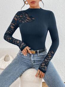 SHEIN Privé Camiseta con encaje en contraste de cuello alto - Azul Marino - Ver 3