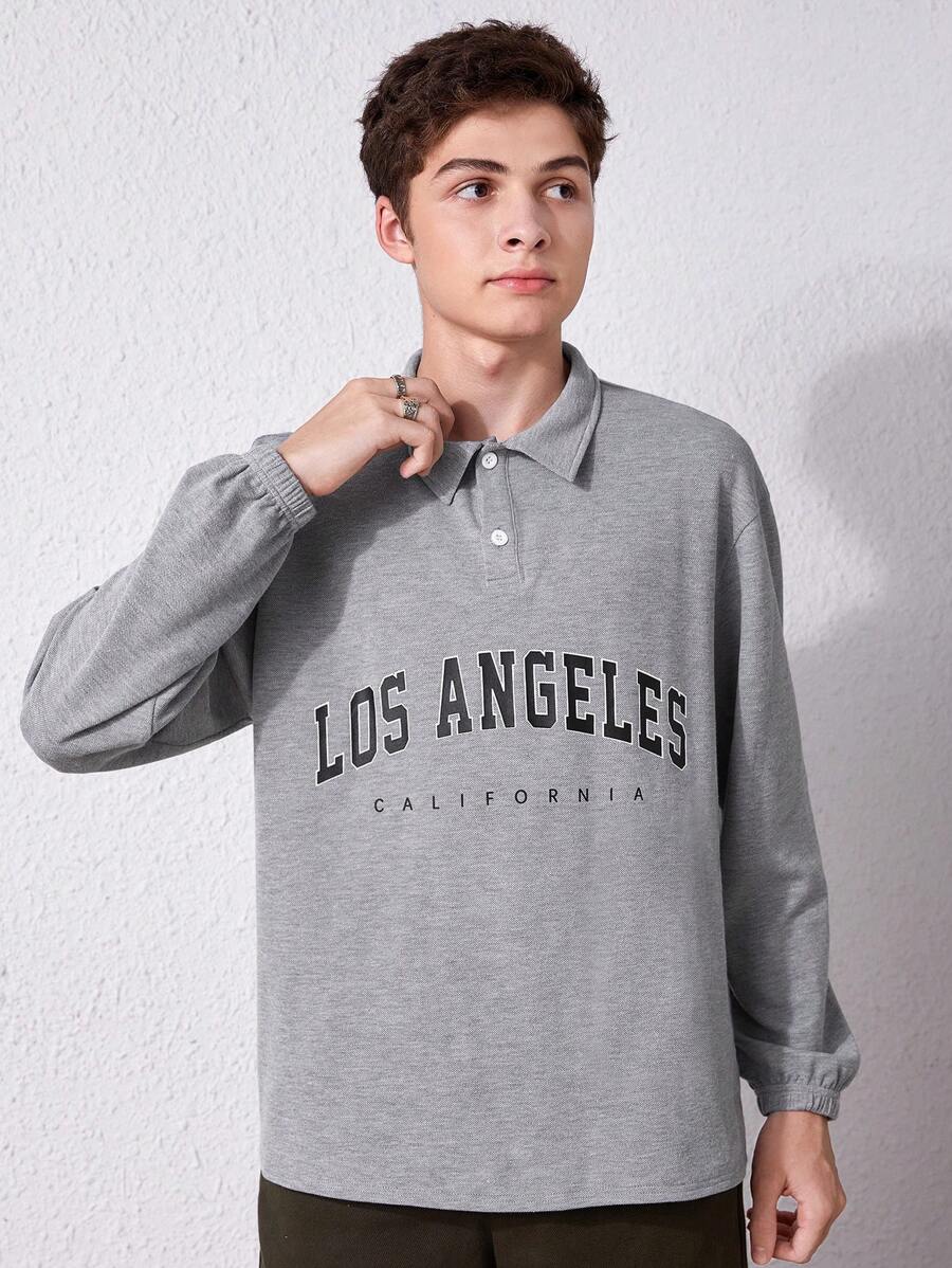 SHEIN 青少年男孩字母圖案POLO衫 - 灰色 - 查看 1