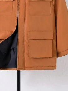 SHEIN Tween Boy 毛绒装饰翻盖口袋连帽保暖衬里棉服 - 鏽棕色 - 查看 4