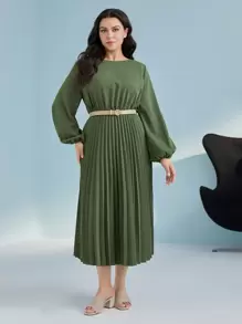 Mulvari Plus Lantern Sleeve Pleated Hem Dress Without Belt