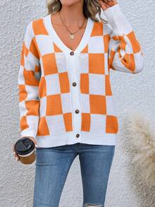 SHEIN Essnce 棋盤格圖案落肩袖開襟衫 - 橘色 - 查看 3