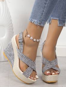 女性防水台坡跟涼鞋帶粗跟高跟鞋 - 灰色 - 查看 5