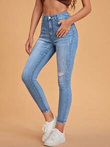 SHEIN Essnce Ripped Skinny Zipper Fly Jeans - Light Wash - View 1