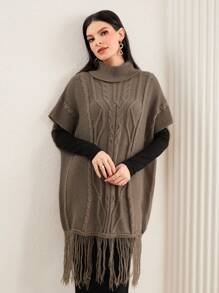 Seusyu Turtleneck Batwing Sleeve Fringe Hem Cable Knit Poncho Knit Pullover Sweater Fall Winter - Khaki - View 1