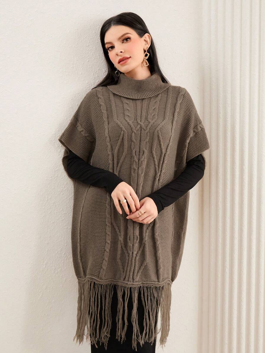 Seusyu Turtleneck Batwing Sleeve Fringe Hem Cable Knit Poncho Knit Pullover Sweater Fall Winter - Khaki - View 1