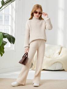 SHEIN Cô gái Tween Áo cao cổ Thả vai Áo len & Quần dệt kim - Màu be - Xem 6