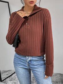 SHEIN Essnce Cổ Polo Thả vai Đồ đan Ribbed Áo thun - màu nâu - Xem 4