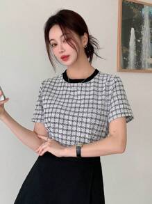 Dazy Star 格紋印花拼接邊T恤 - 黑色 - 查看 3