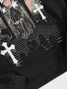 ROMWE MEN Goth 男士口號和圖案圖形帶帽上衣 - 黑色 - 查看 3