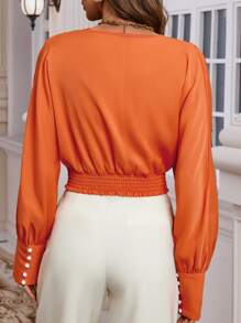 SHEIN Clasi 交疊領紐扣細節短款襯衫 - 橘色 - 查看 2