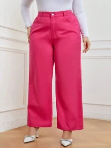 SHEIN LUNE Plus High Waist Wide Leg Jeans - Hot Pink - View 4