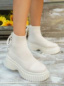 女性極簡風格套頭衫針織靴子時尚繫帶素色女性靴子