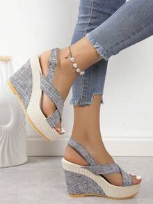 女性防水台坡跟涼鞋帶粗跟高跟鞋 - 灰色 - 查看 2