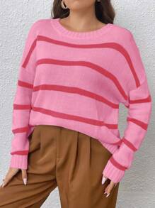 Celure 大碼條紋圖案落肩袖套頭毛衣 - 粉色 - 查看 1