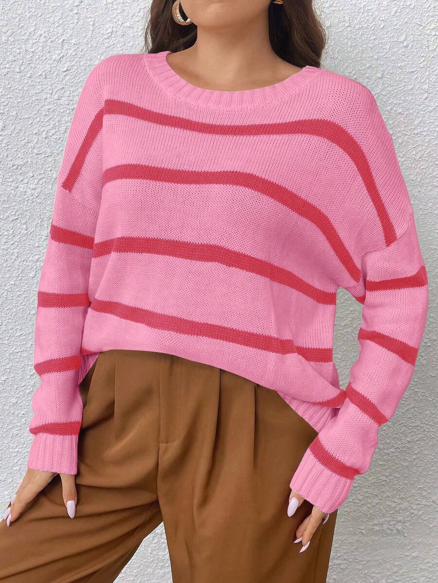 Celure 大碼條紋圖案落肩袖套頭毛衣 - 粉色 - 查看 1