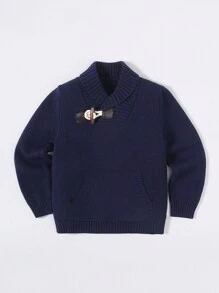 SHEIN 男孩休閒學院風合身長袖牛角扣袋鼠口袋西裝領套頭衫套頭毛衣,厚&濃烈香調,合適的適用於秋天和冬天