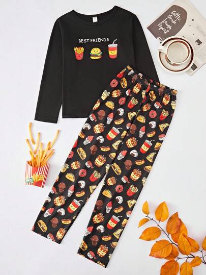 Chico preadolescente Conjunto de pijama pantalones con camiseta alimento & con estampado de letra