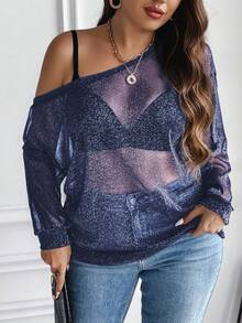 SHEIN Franclia Hơn Cổ không đối xứng Thả vai Lưới Áo nỉ Không có áo ngực - Xanh đậm - Xem 4