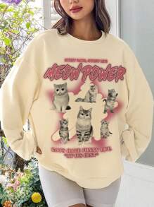 SHEIN EZwear Casual Fit Women's Casual Cartoon Printed Long Sleeve Round Neck Sweatshirt Suitable For Autumn And Winter - Beige - View 1