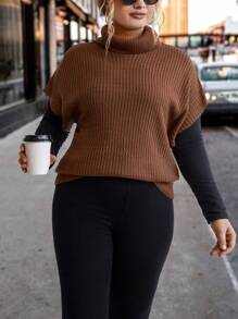 EMERY ROSE Plus Turtleneck Batwing Sleeve Knit Top Without Tee - Brown - View 6