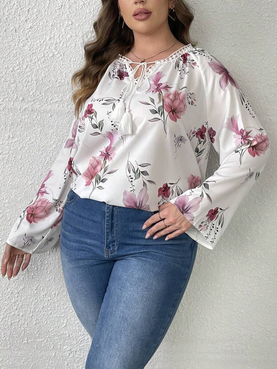 Celure Hơn In hoa Cà vạt Tay áo loe Áo sơ mi - Nhiều màu - Xem 1