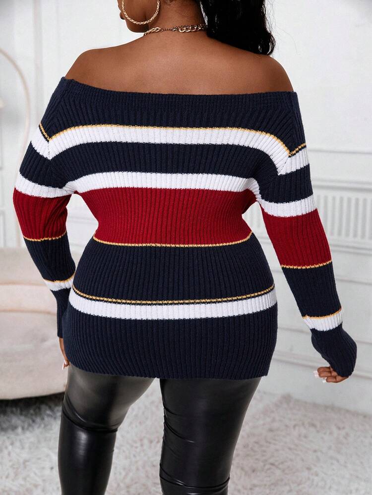 Plus Striped Pattern Off Shoulder Sweater Knit Pullover Fall Winter Sweater