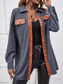 SHEIN LUNE Viền tương phản Túi có nắp Thả vai áo - Xám - Xem 4