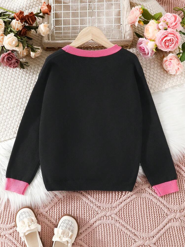 Tween Girl Letter Pattern Contrast Trim Drop Shoulder Sweater