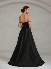 Off Shoulder Kết cườm Chi tiết Xa ten Ống Váy dự tiệc - màu đen - Xem 2