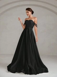 Off Shoulder Kết cườm Chi tiết Xa ten Ống Váy dự tiệc - màu đen - Xem 5