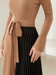 Modelyn 雙色小高領腰帶毛衣洋裝