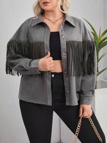 SHEIN LUNE Plus Fringe Trim Drop Shoulder Suedette Jacket - Grey - View 2