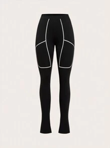Easithlete Khối màu Quần Leggings thể thao Với Viền chia cắt Và Cạnh cuộn Chi tiết - màu đen - Xem 9