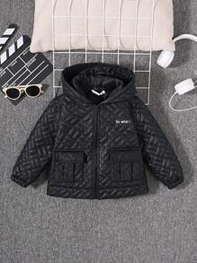 SHEIN Young Boy Letter Patched Flap Pocket Hooded Quilted Coat Without Sweater - Green - View 5