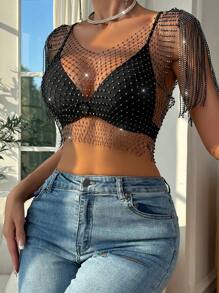 Allurite Rhinestone Fringe Trim Crop Mesh Top Without Bra - Black - View 4