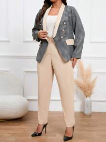 Calvaya Plus Plaid Print Shawl Collar Jacket & Pants - Multicolor - View 1