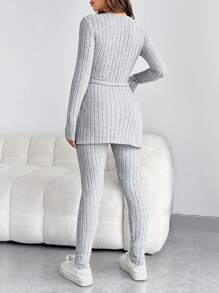 SHEIN EZwear 純色腰帶t恤和緊身褲 - 淺灰色 - 查看 5