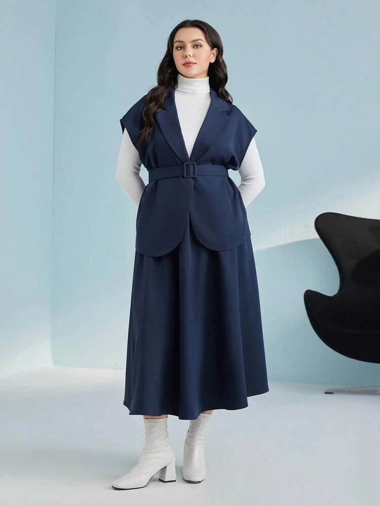 Plus Lapel Neck Belted Coat & Skirt