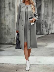 SHEIN Clasi Chất rắn Nút phía trước Áo khoác - Màu xám đen - Xem 3