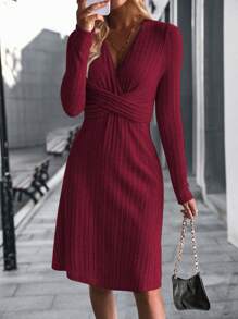 SHEIN Clasi Chất rắn Đan chéo Váy chữ A - Màu Đỏ Sâu - Xem 3