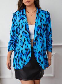 SHEIN LUNE Hơn In Toàn bộ Khăn quàng Tay áo có gãy Mở Mặt trước Áo vest - Xanh đậm - Xem 1