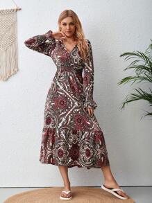 SHEIN VCAY Paisley Print Flounce Sleeve Ruffle Hem Dress - Khaki - View 6