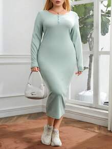 SHEIN Essnce 大碼素色前紐扣緊身洋裝 - 綠色 - 查看 4