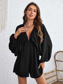 SHEIN VCAY Cổ Lao tay cánh Nếp gấp Phần Ngực Đầm - màu đen - Xem 3