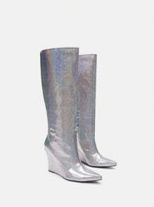 CUCCOO SZL Glitter Platform Heel Long Boots - Silver - View 3