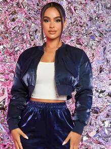 SHEIN PETITE Zipper Long Sleeve Solid Crop Bomber Jacket - Blue - View 7