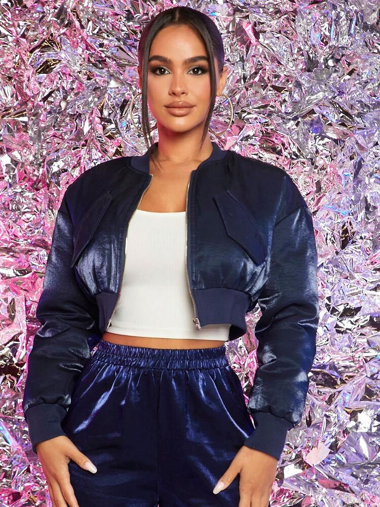 Zipper Long Sleeve Solid Crop Bomber Jacket