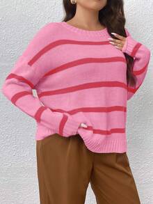 Celure 大碼條紋圖案落肩袖套頭毛衣 - 粉色 - 查看 6