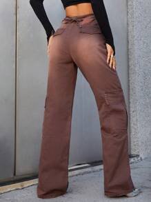 SHEIN ICON Flap Pocket Side Cargo Jeans - Coffee Brown - View 2