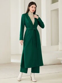 Mulvari Open Front Longline Blazer & Wide Leg Pants - Dark Green - View 5